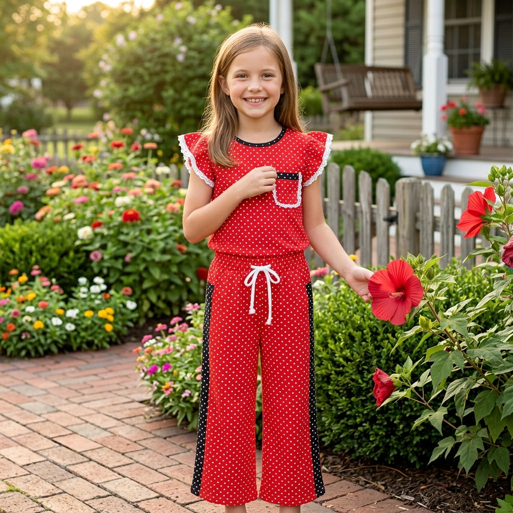 GSPO2370 Teams Red Polka Dot Ruffle Sleeve Top with Wide Leg Pants Girls Outfit