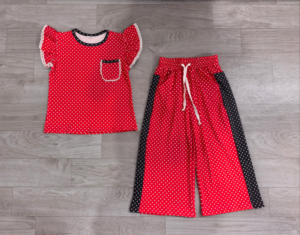 8.20 GSPO2370 Preorder Kids Girls  Red Polka Dot Ruffle Sleeve Top with Wide Leg Pants Outfit