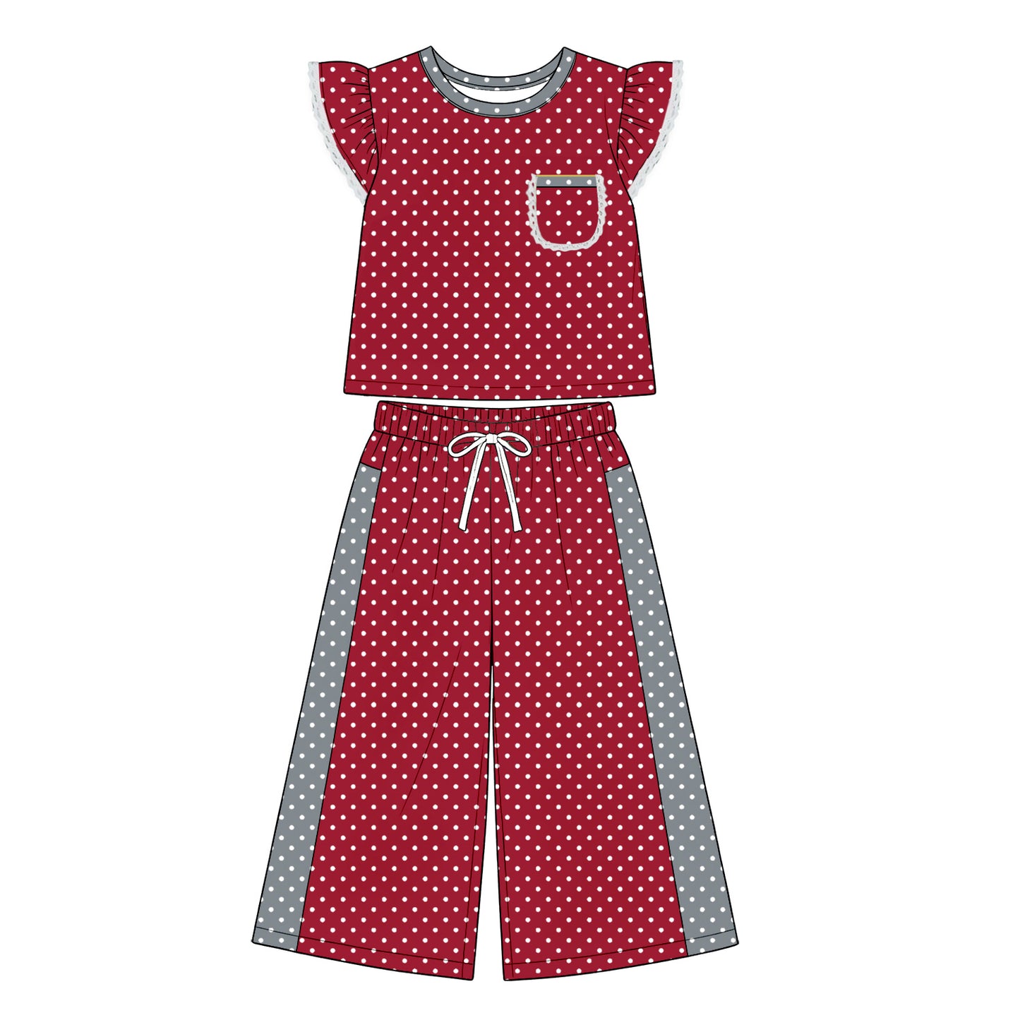 8.20 GSPO2371 Preorder Kids Girls  Dark Red Polka Dot Ruffle Sleeve Top with Wide Leg Pants Outfit