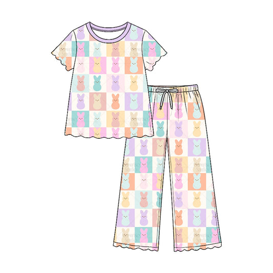 8.29 GSPO2375 Preorder Colorful Bunny Checkered Top Straight Pants Girls Easter Clothes Set