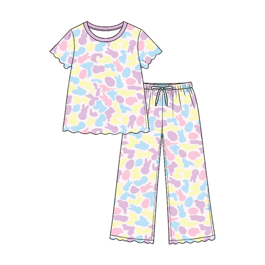 8.29 GSPO2376 Preorder Colorful Bunny Camo Top Straight Pants Girls Easter Clothes Set