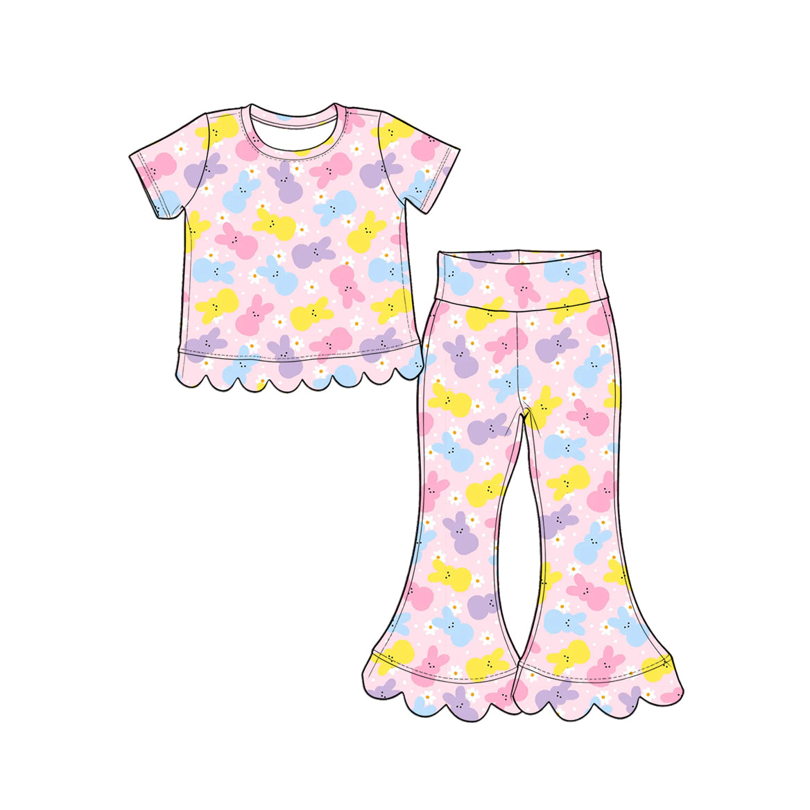 8.29 GSPO2377 Preorder Colorful Bunny Flowers Scallop Top Bell Pants Girls Easter Clothes Set