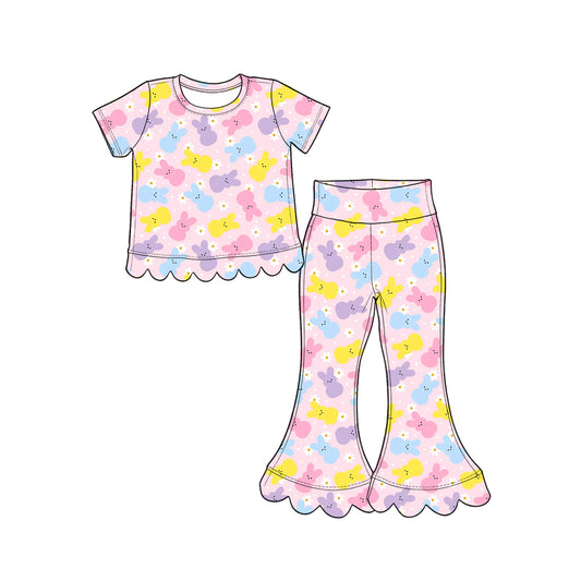 8.29 GSPO2377 Preorder Colorful Bunny Flowers Scallop Top Bell Pants Girls Easter Clothes Set