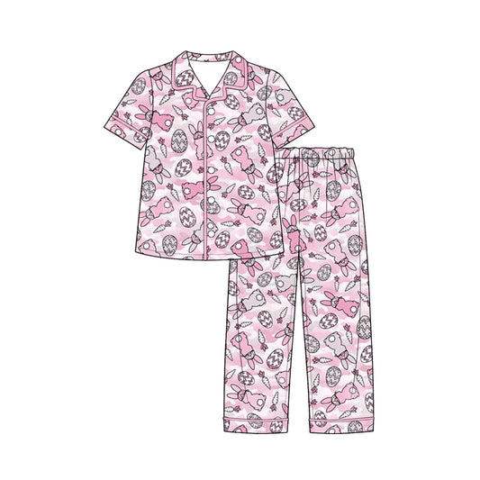 9.1 GSPO2378 Preorder Bunny Eggs Pink Camo Print Boys Easter Buttons Pajamas Clothes Set