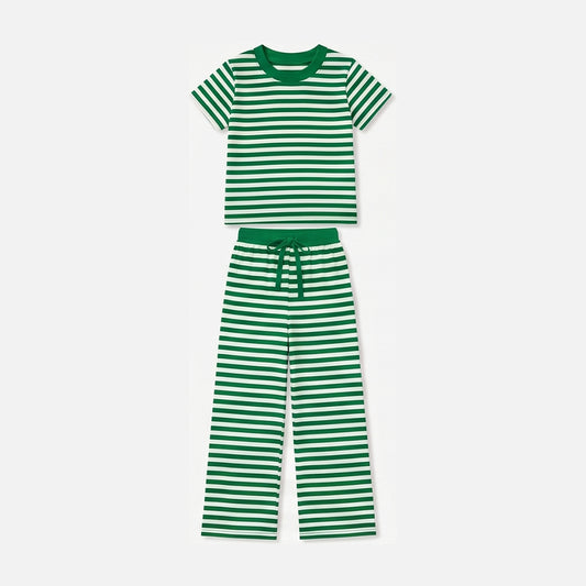 9.5 GSPO2383 Preorder Green Stripes Print Short Sleeve Top Straight Pants Girls Clothes Set