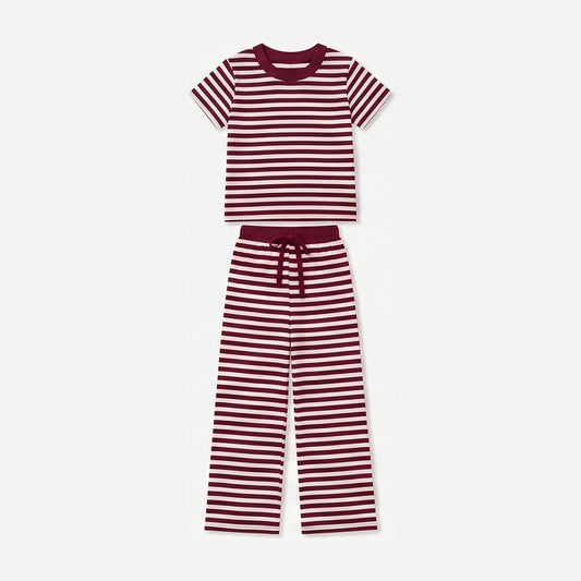 9.5 GSPO2384 Preorder Wine Stripes Print Short Sleeve Top Straight Pants Girls Clothes Set