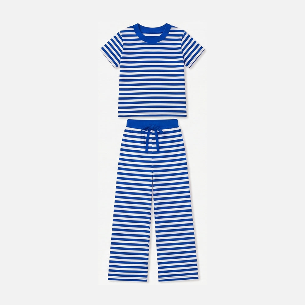 9.5 GSPO2385 Preorder Blue Stripes Print Short Sleeve Top Straight Pants Girls Clothes Set