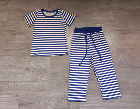 9.5 GSPO2385 Preorder Blue Stripes Print Short Sleeve Top Straight Pants Girls Clothes Set