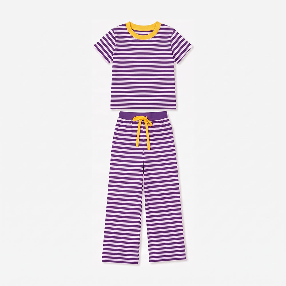 9.5 GSPO2386 Preorder Purple Stripes Print Short Sleeve Top Straight Pants Girls Clothes Set