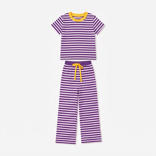 9.5 GSPO2386 Preorder Purple Stripes Print Short Sleeve Top Straight Pants Girls Clothes Set