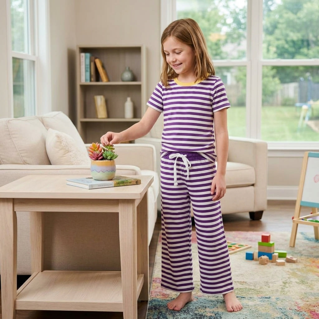 Purple Stripes Print Short Sleeve Top Straight Pants Girls Clothes Set
