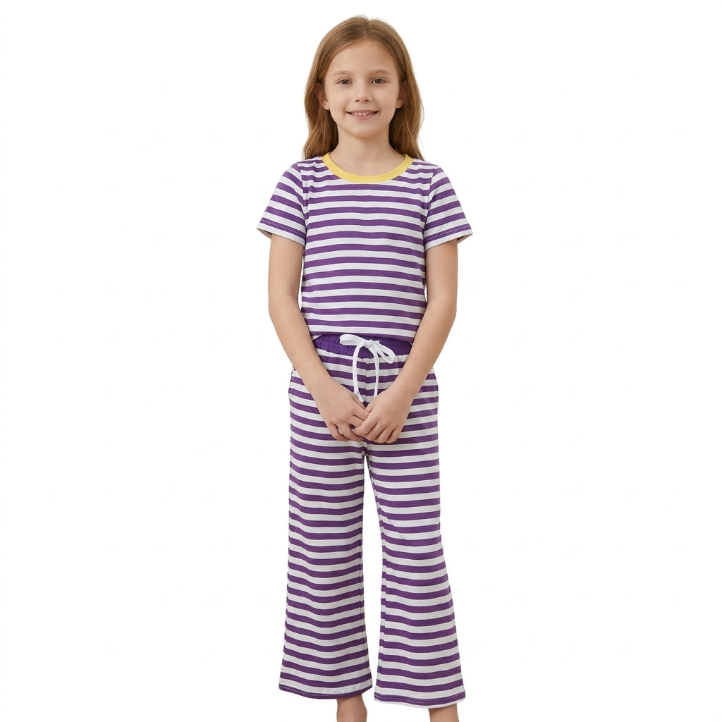 Purple Stripes Print Short Sleeve Top Straight Pants Girls Clothes Set