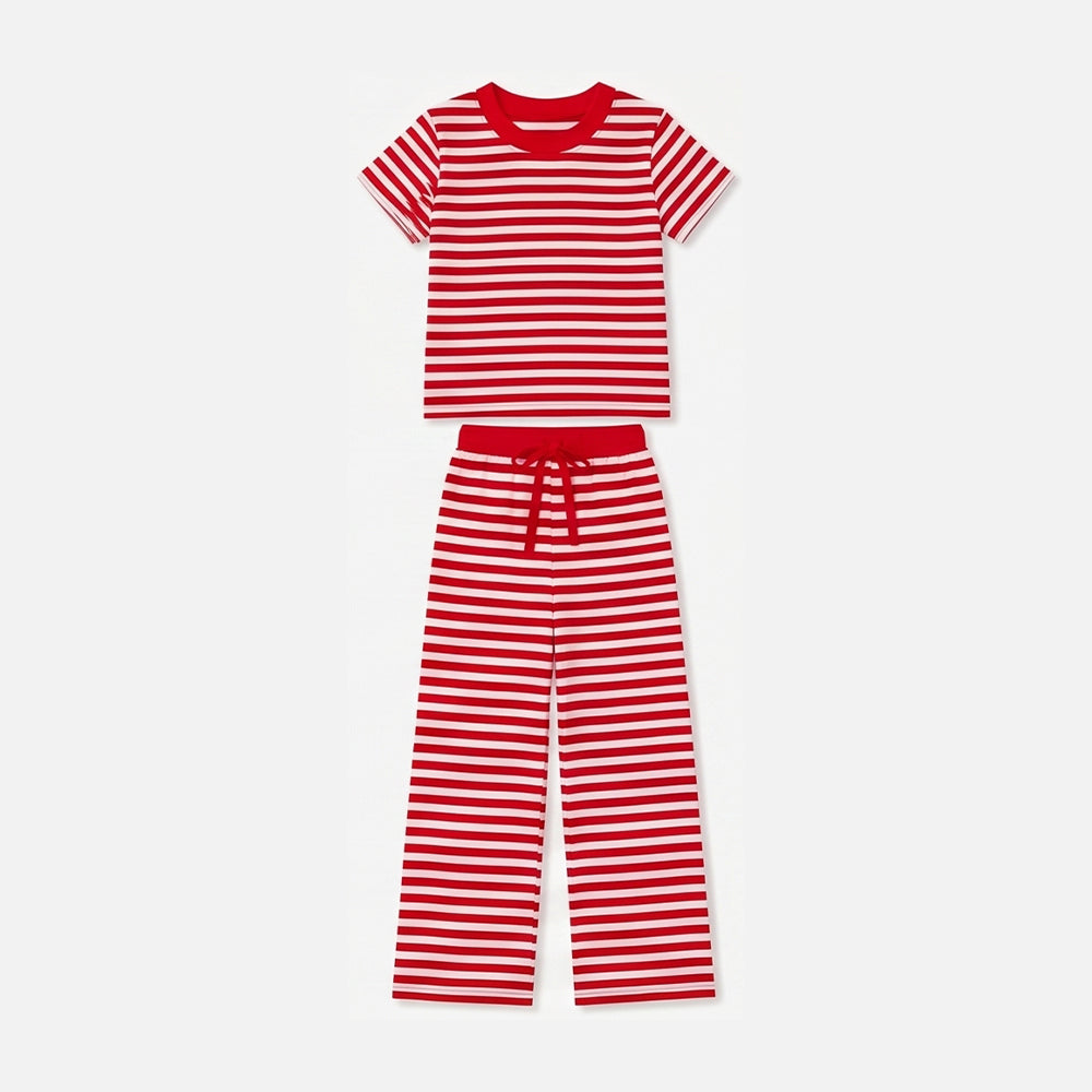 9.5 GSPO2387 Preorder Red Stripes Print Short Sleeve Top Straight Pants Girls Clothes Set