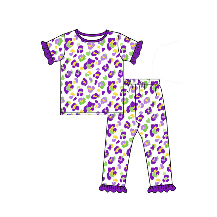 9.5 GSPO2388 Preorder Purple Leopard Print Girls Mardi Gras Pajamas Clothes Set