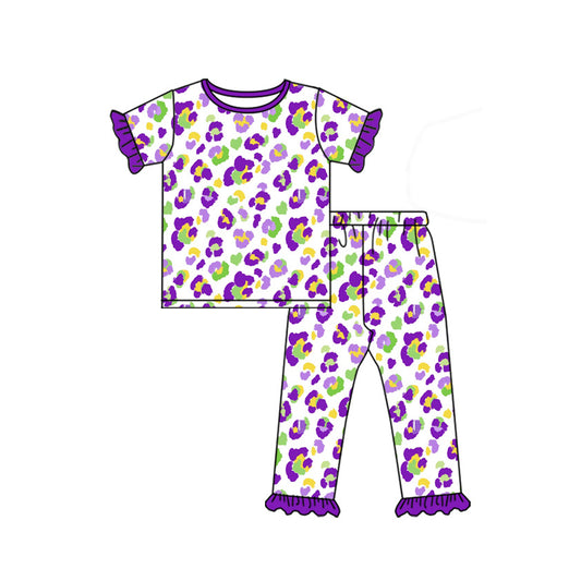 9.5 GSPO2388 Preorder Purple Leopard Print Girls Mardi Gras Pajamas Clothes Set