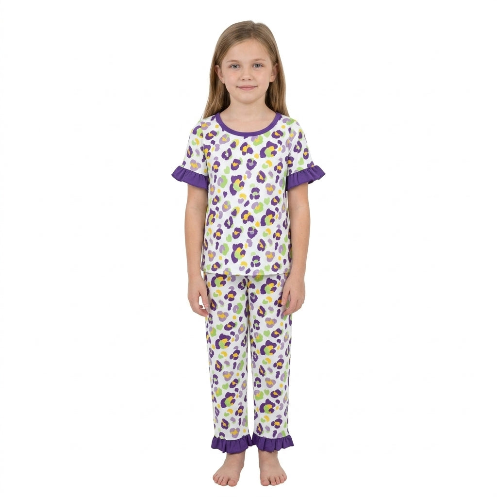 GSPO2388 Purple Leopard Print Girls Mardi Gras Pajamas Clothes Set