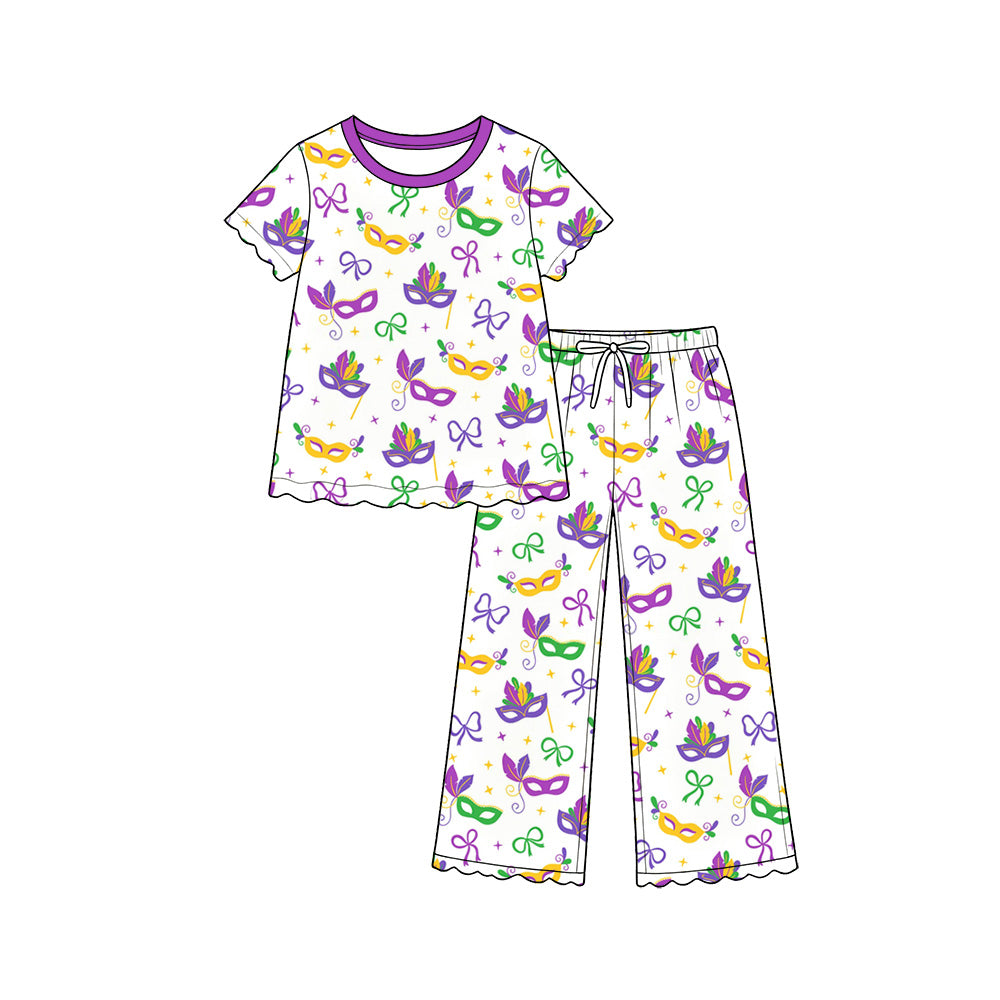 9.15 GSPO2392 Preorder Kids Girls Mardi Gras Mask Short Sleeve Pajama Set