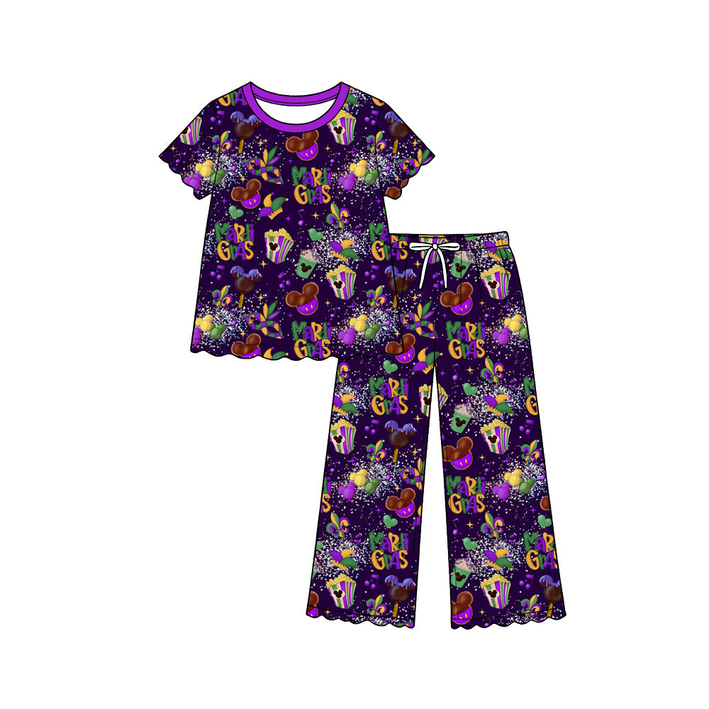 9.15 GSPO2394 Preorder Mardi Gras Purple Short Sleeve Top Pants Outfit