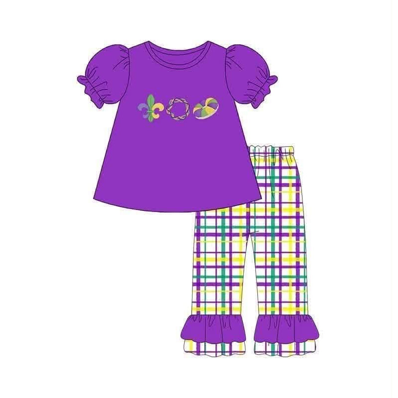 9.16 GSPO2395 Preorder Anchor Donut Purple Top Checkered Pants Girls Mardi Gras Clothes Set