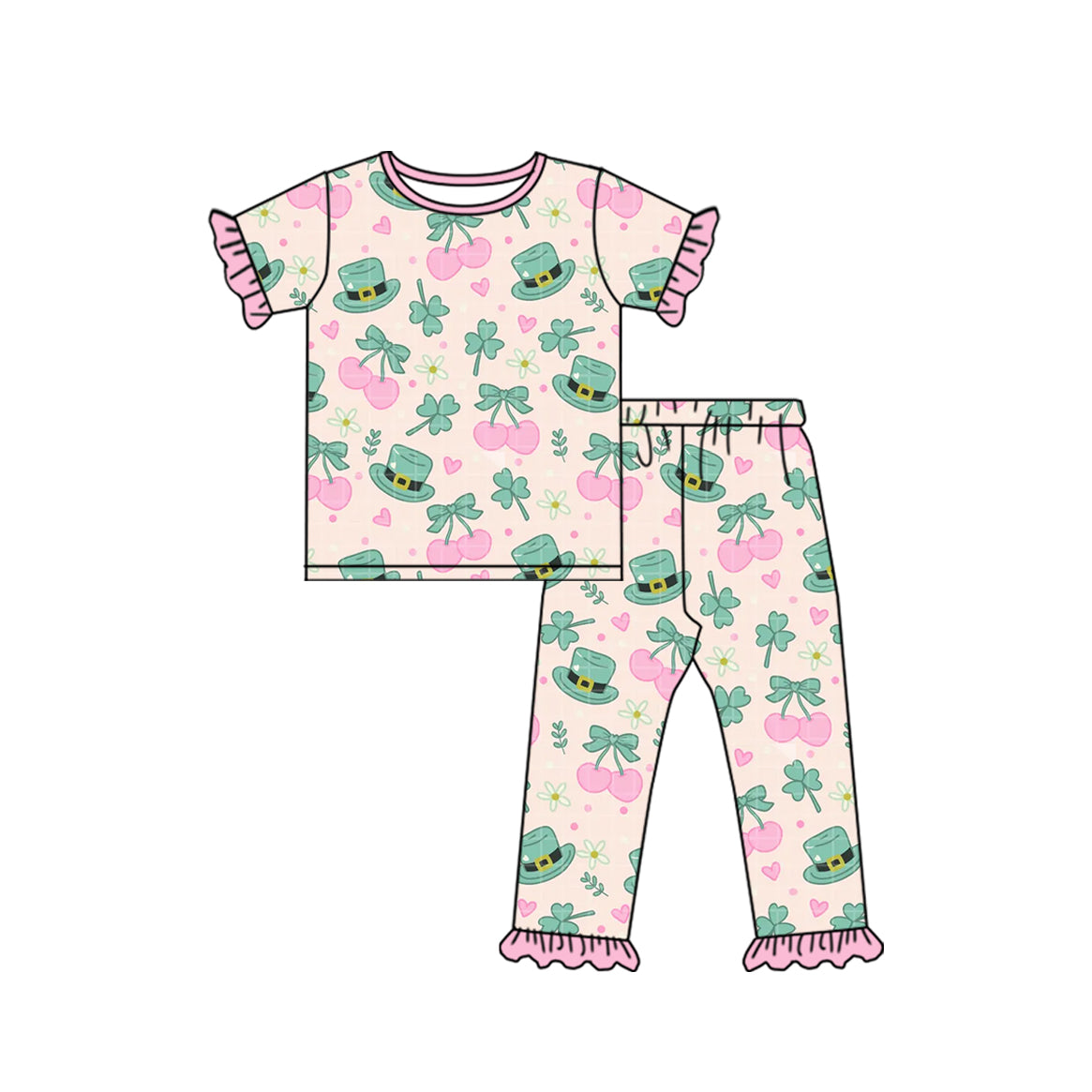 9.22 GSPO2397 Preorder Hat Cherry Flowers Shamrock Print Girls St. Patrick's Day Pajamas Clothes Set
