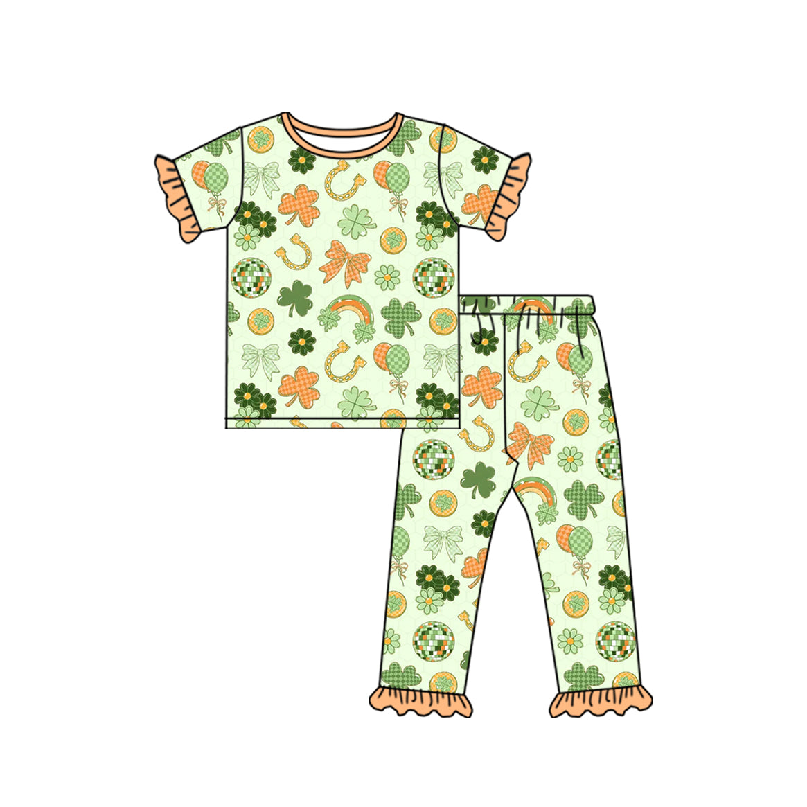 9.22 GSPO2398 Preorder Shamrock Disco Ball Horseshoe Rainbow Print Girls St. Patrick's Day Pajamas Clothes Set