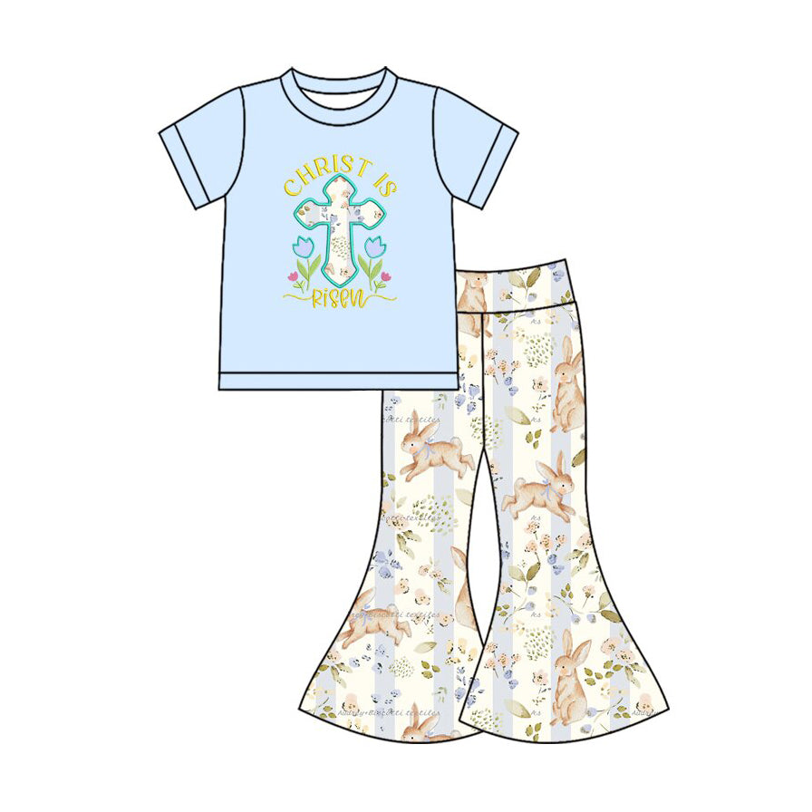 10.1 Preorder GSPO2401 Baby Girls Easter Blue Top Rabbit Bell Bottom Pants Outfit