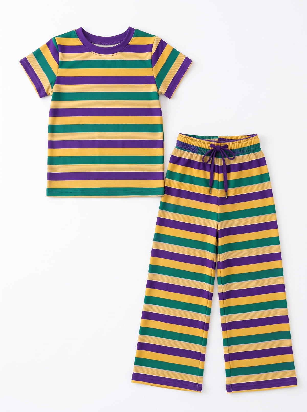 10.5 Preorder GSPO2405 Purple Yellow Green Stripes Print Girls Mardi Gras Clothes Set