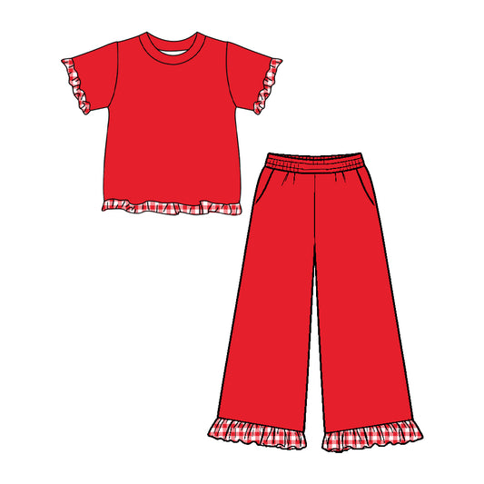 10.16 GSPO2408 Preorder Kids Girls  Red Short Sleeve Top Pants Outfit with Gingham Tirm