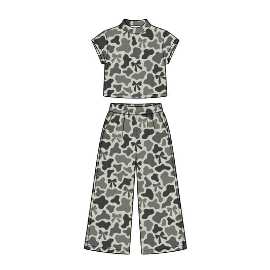 10.16 GSPO2411 Preorder Bows Dark Green Grey Camo Print Mock Neck Top Straight Pants Girls Clothes Set