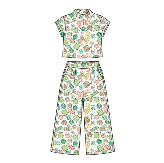 10.16 GSPO2413 Preorder Lucky Rainbow Stars Print Mock Neck Top Straight Pants Girls St Patrick Day Clothes Set