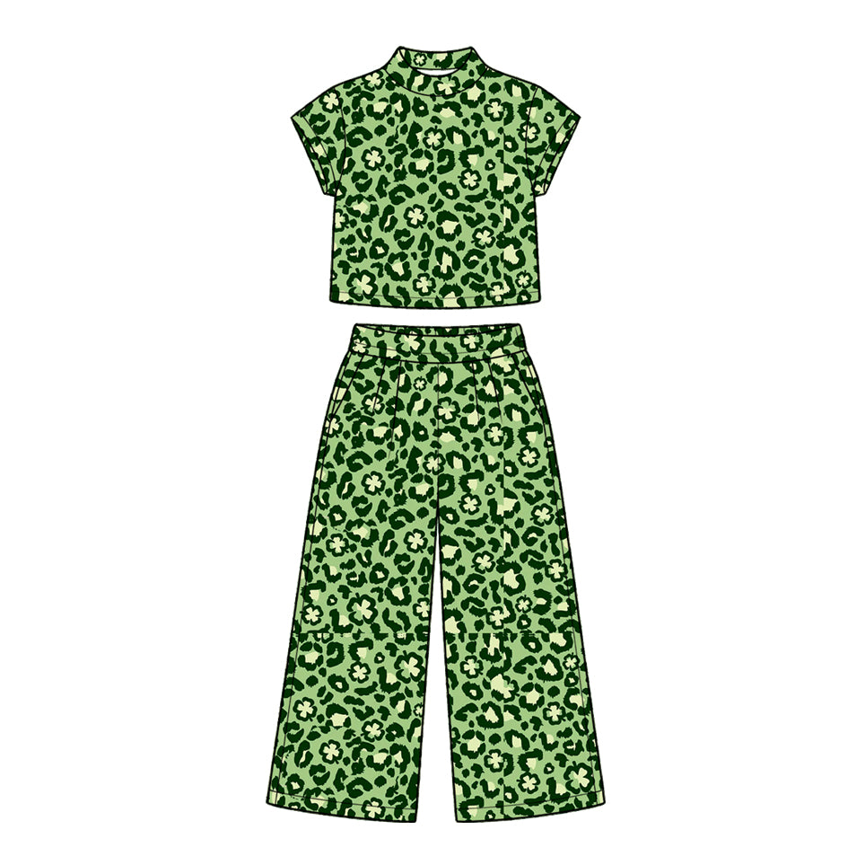 10.16 GSPO2414 Preorder Leaf Leopard Green Print Mock Neck Top Straight Pants Girls St Patrick Day Clothes Set