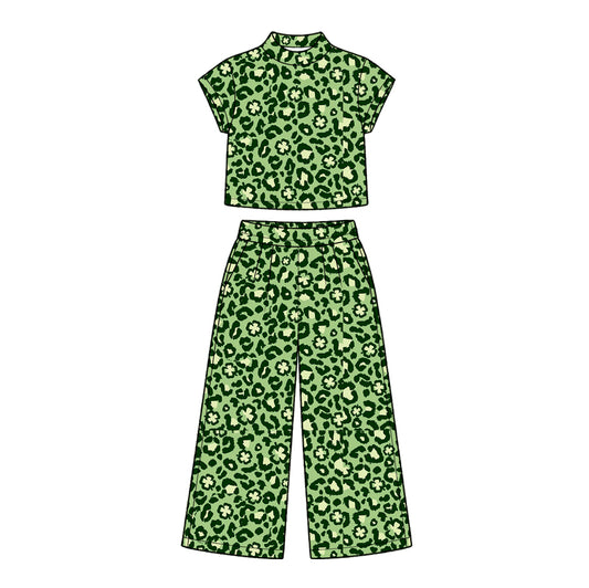 10.16 GSPO2414 Preorder Leaf Leopard Green Print Mock Neck Top Straight Pants Girls St Patrick Day Clothes Set