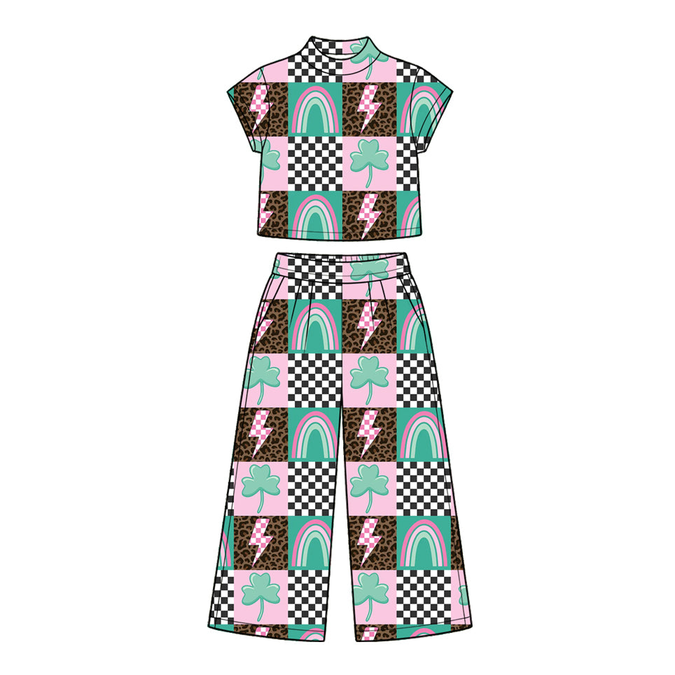 10.16 GSPO2415 Preorder Leaf Leopard Rainbow Checkered Print Mock Neck Top Straight Pants Girls St Patrick Day Clothes Set