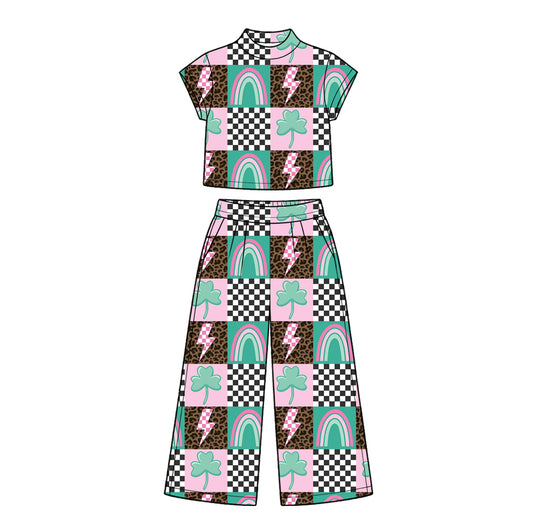 10.16 GSPO2415 Preorder Leaf Leopard Rainbow Checkered Print Mock Neck Top Straight Pants Girls St Patrick Day Clothes Set