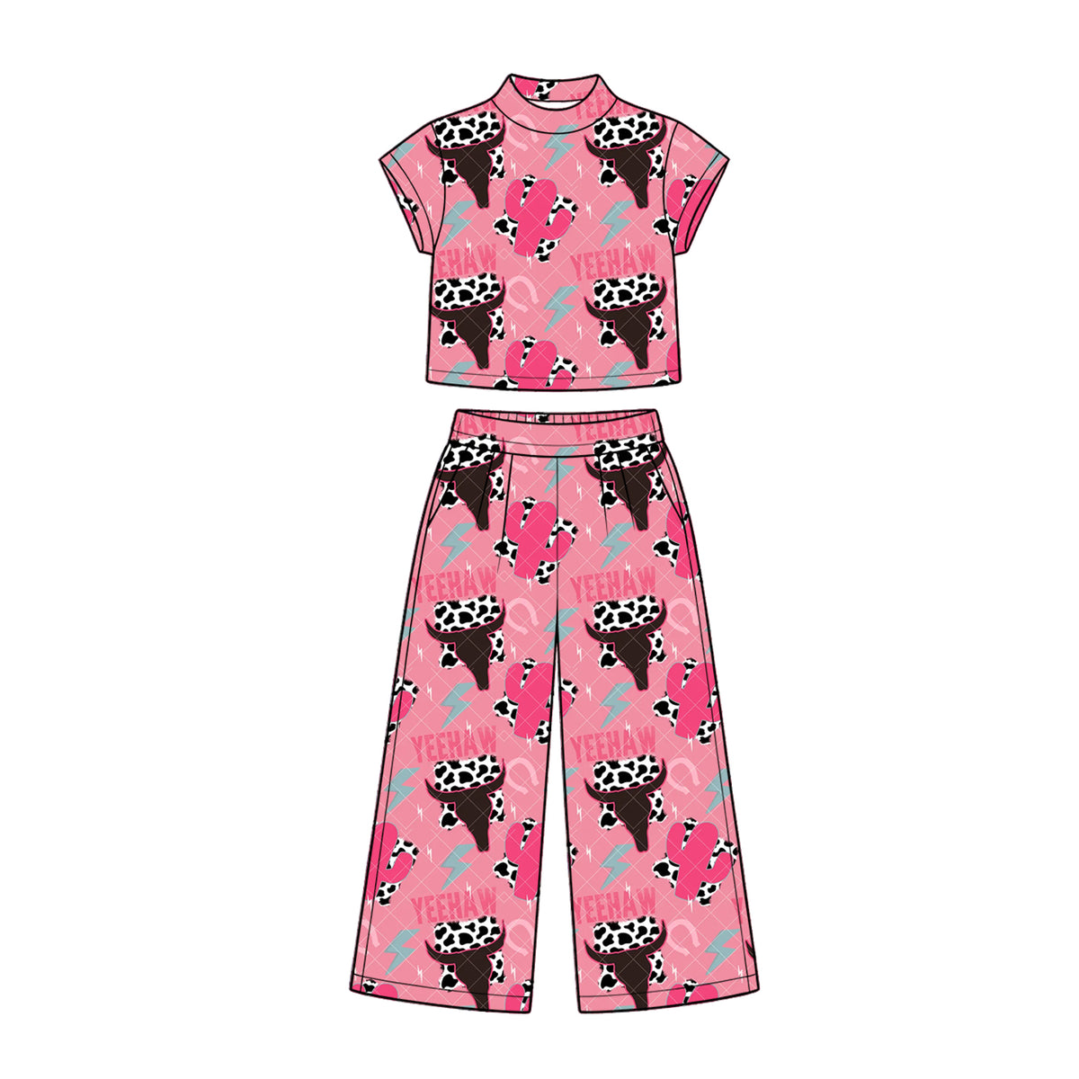 10.23 GSPO2417 Kids Girls Western Yeehaw Short Sleeve Mock Neck Top Wide Leg pants Outfit