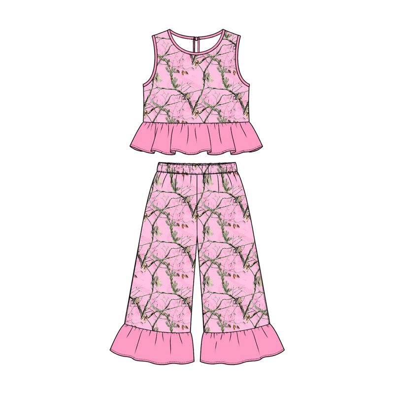10.23 GSPO2419 Preorder Girls Pink Camo Peplum Top & Ruffle Pants Summer Set
