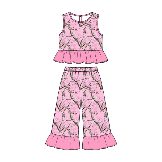 10.23 GSPO2419 Preorder Girls Pink Camo Peplum Top & Ruffle Pants Summer Set