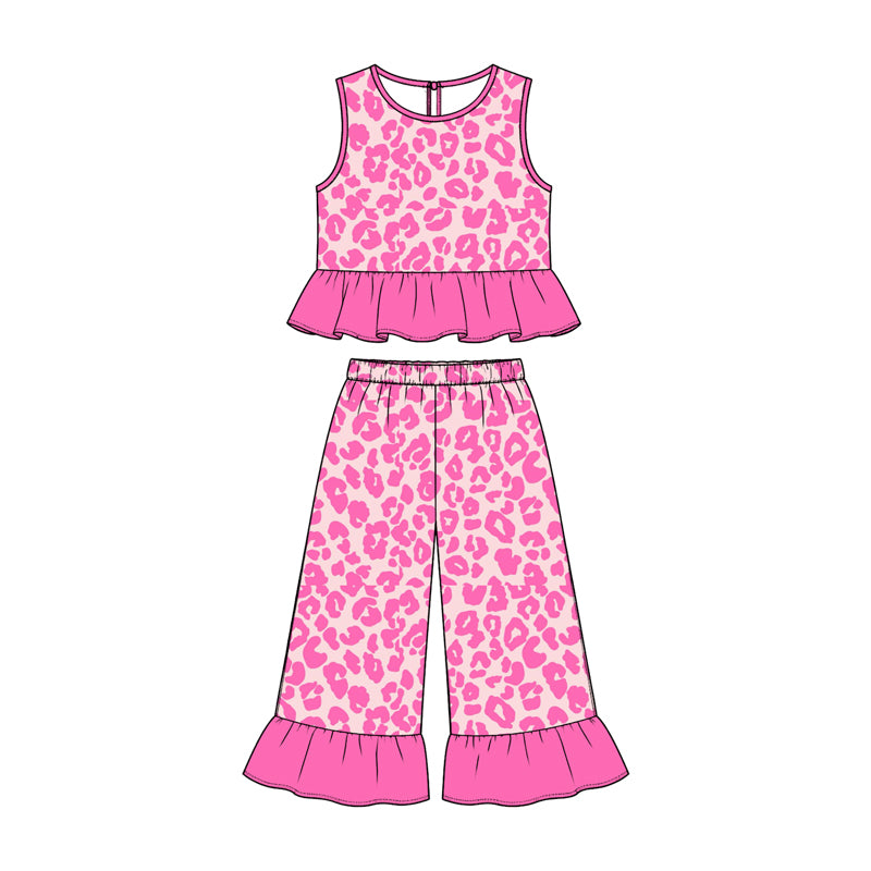 10.23 GSPO2421 Preorder Girls Pink Leopard Peplum Top & Ruffle Pants Summer Set