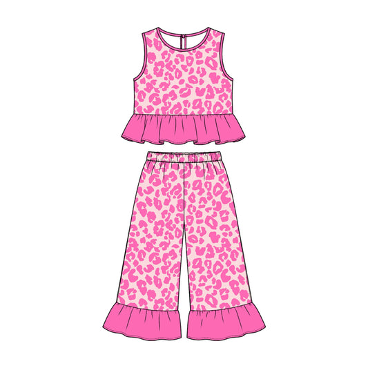 10.23 GSPO2421 Preorder Girls Pink Leopard Peplum Top & Ruffle Pants Summer Set