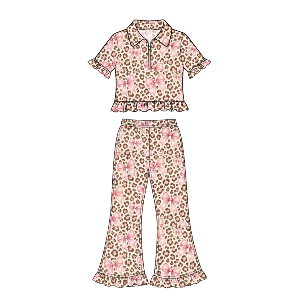 10.23 GSPO2424 Preorder Girls  Leopard Bow Short Sleeve PUllover Top Bell Botton Pants Outfit