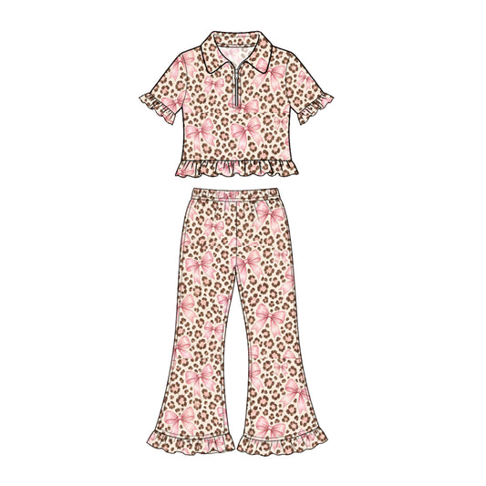 10.23 GSPO2424 Preorder Girls  Leopard Bow Short Sleeve PUllover Top Bell Botton Pants Outfit