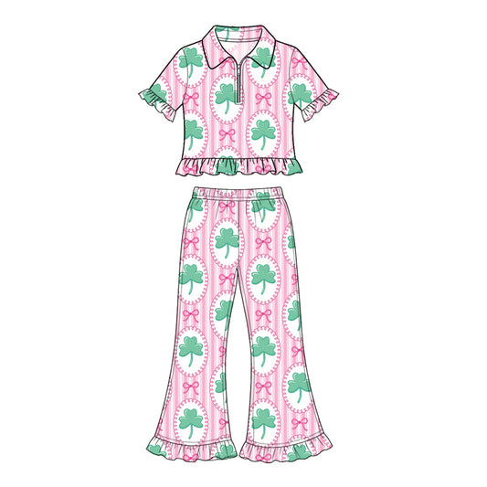 10.23 GSPO2425 Preorder Girls irl St. Patrick's Day Shamrock Short Sleeve Pullover Top  Flare Pants Outfit