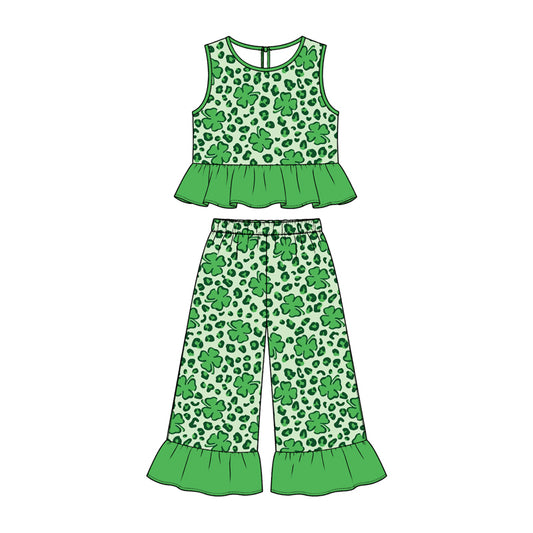 10.23 GSPO2426 Preorder Girls St. Patrick's Day Clover Short Sleeve peplum Top Ruffle Pants Outfit