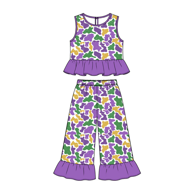 10.23 GSPO2427 Preorder Girls Mardi Gras Camo Short Sleeve peplum Top Ruffle Pants Outfit