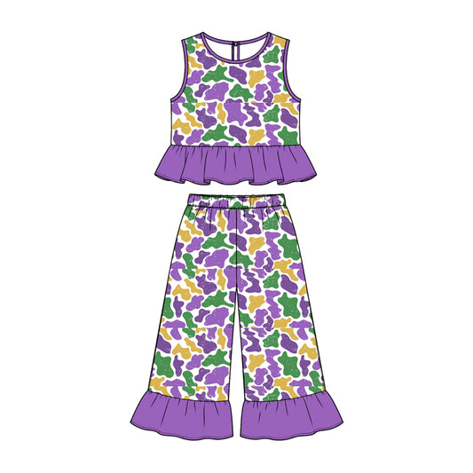 10.23 GSPO2427 Preorder Girls Mardi Gras Camo Short Sleeve peplum Top Ruffle Pants Outfit