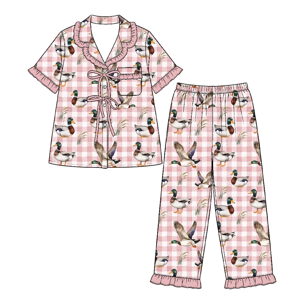 10.23 GSPO2428 Preorder Girl Pink Gingham Duck Print Ruffle Pajamas Set Short Sleeve Shirt & Long Pants Sleepwear