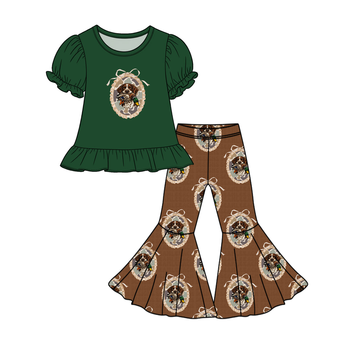 10.29 GSPO2429 Preorder Kids Girls  Hunting Dog Duck Bell Bottom Pants Outfit
