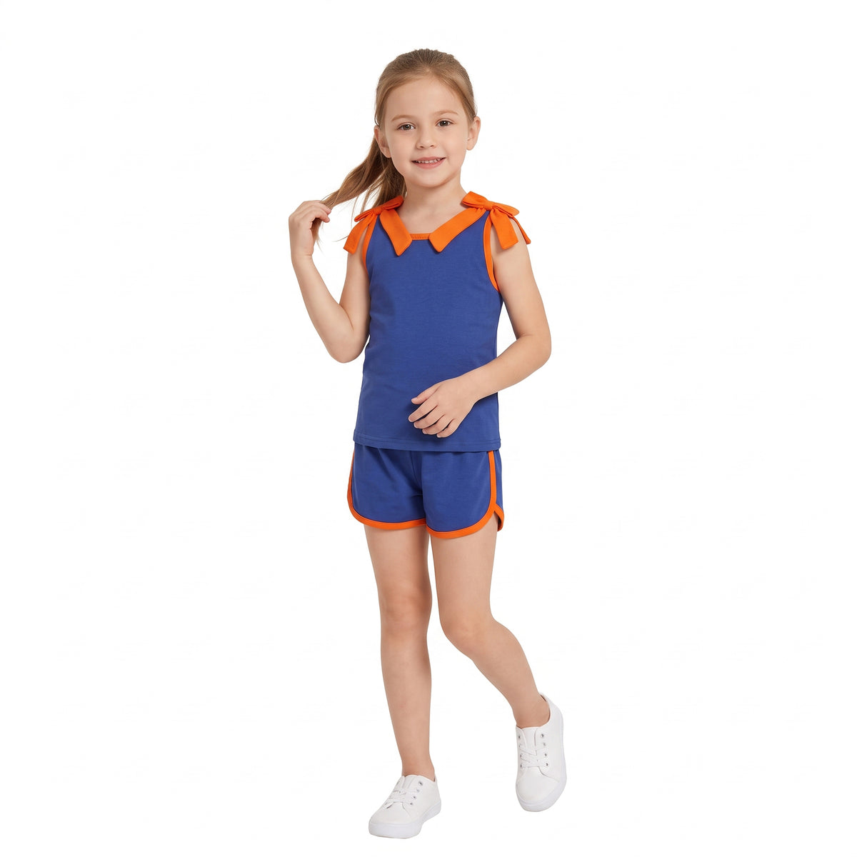 GSSO3857 Teams Orange Bows Vest Top Blue Pockets Shorts Girls Cotton Summer Clothes Set
