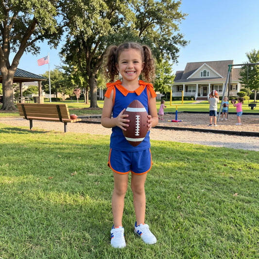GSSO3857 Teams Orange Bows Vest Top Blue Pockets Shorts Girls Cotton Summer Clothes Set