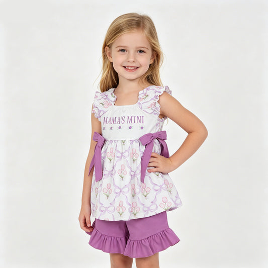 Toddler Girls "Mama's Mini" Tulip Print Ruffle Top & Shorts Set, Kids Summer Outfit